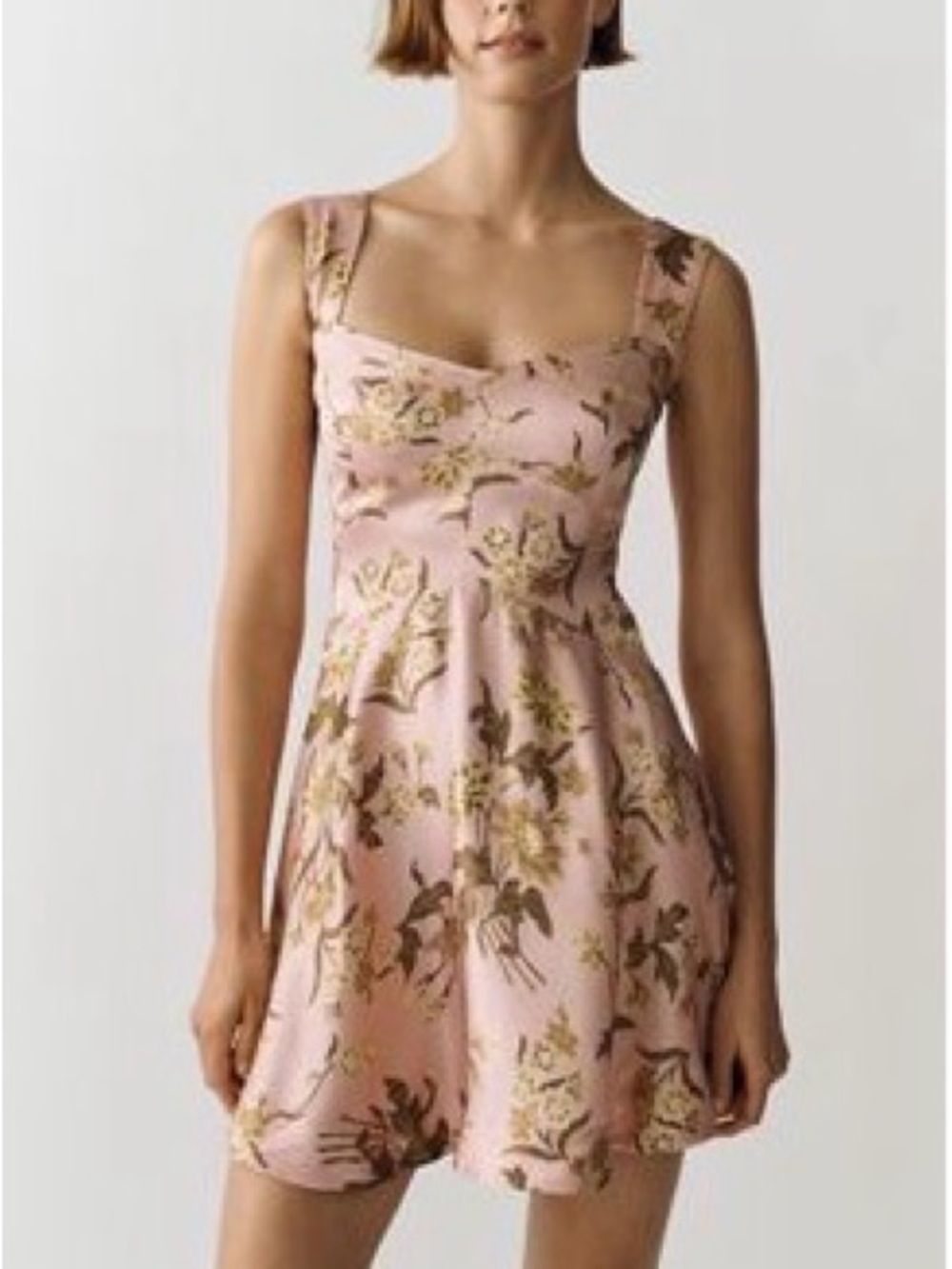 Anthropologie Pink Floral Square-Neck Mini Dress with Gold Accents